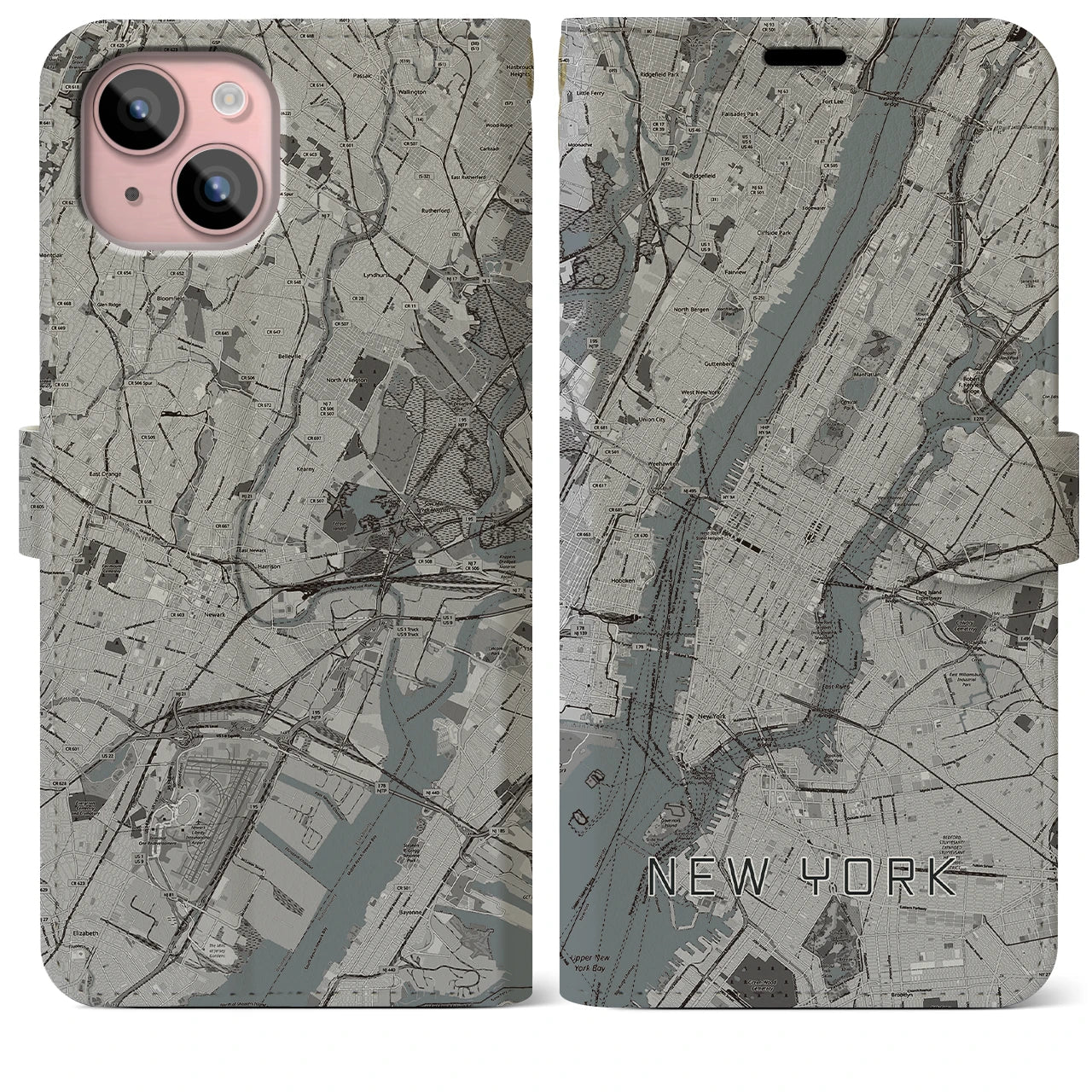 【ニューヨーク】地図柄iPhoneケース（手帳両面タイプ・モノトーン）iPhone 15 Plus 用
