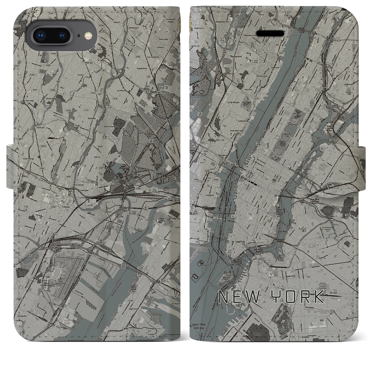 【ニューヨーク】地図柄iPhoneケース（手帳両面タイプ・モノトーン）iPhone 8Plus /7Plus / 6sPlus / 6Plus 用