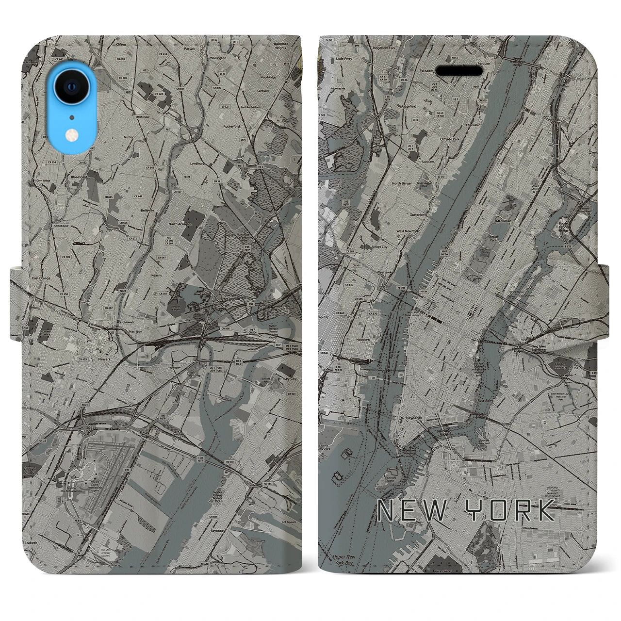 【ニューヨーク】地図柄iPhoneケース（手帳両面タイプ・モノトーン）iPhone XR 用
