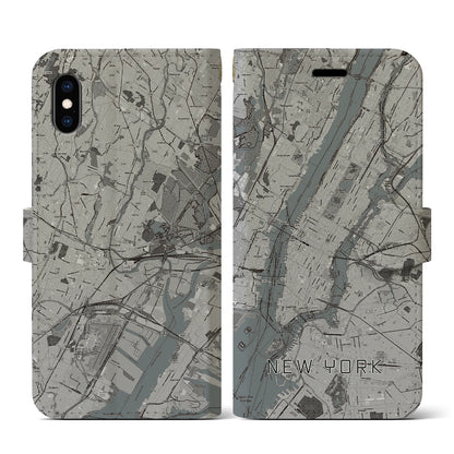 【ニューヨーク（アメリカ）】地図柄iPhoneケース（手帳タイプ）モノトーン・iPhone XS / X 用