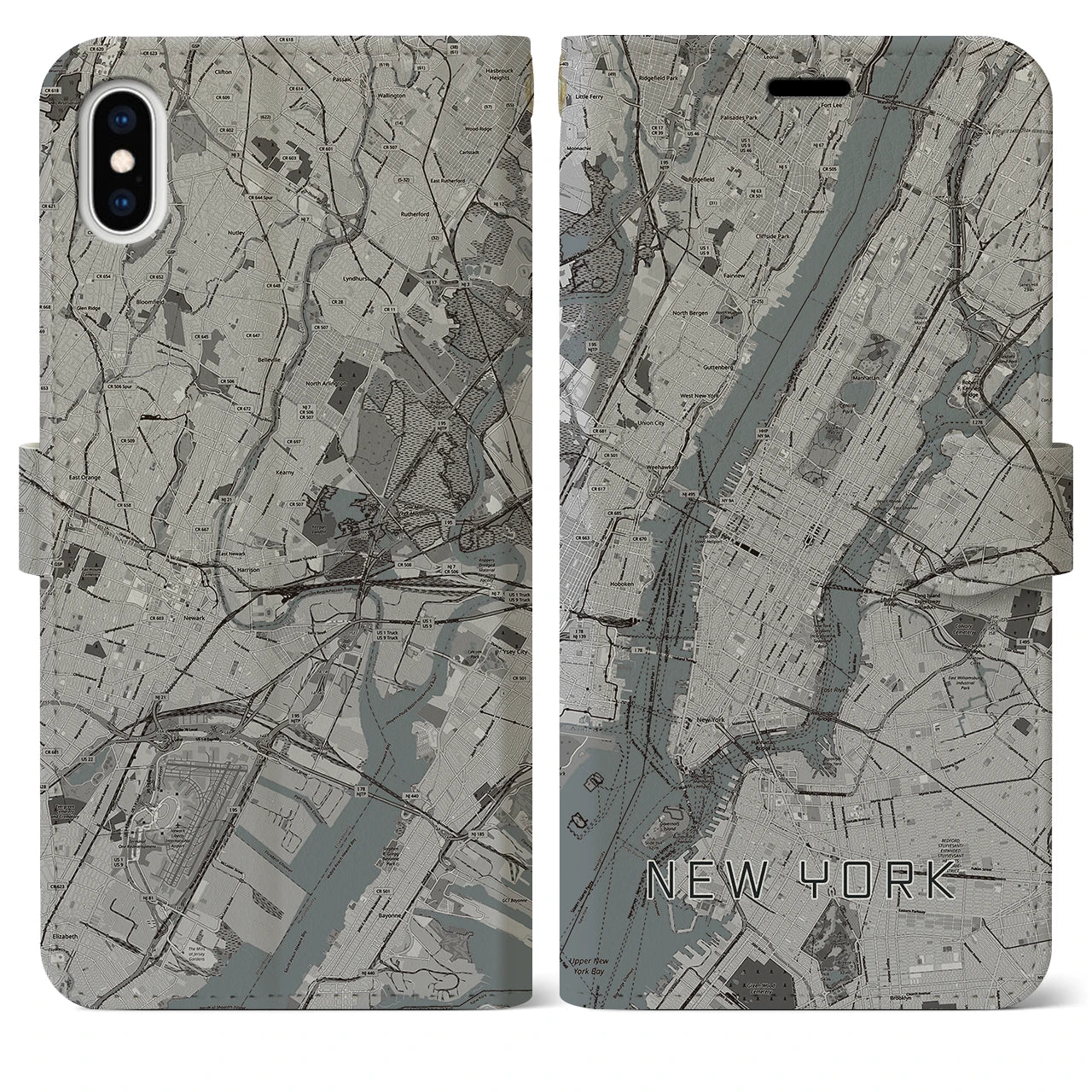 【ニューヨーク】地図柄iPhoneケース（手帳両面タイプ・モノトーン）iPhone XS Max 用