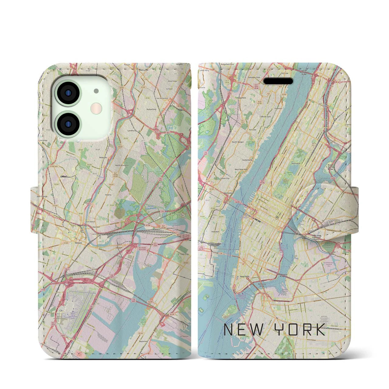 【ニューヨーク】地図柄iPhoneケース（手帳両面タイプ・ナチュラル）iPhone 12 mini 用