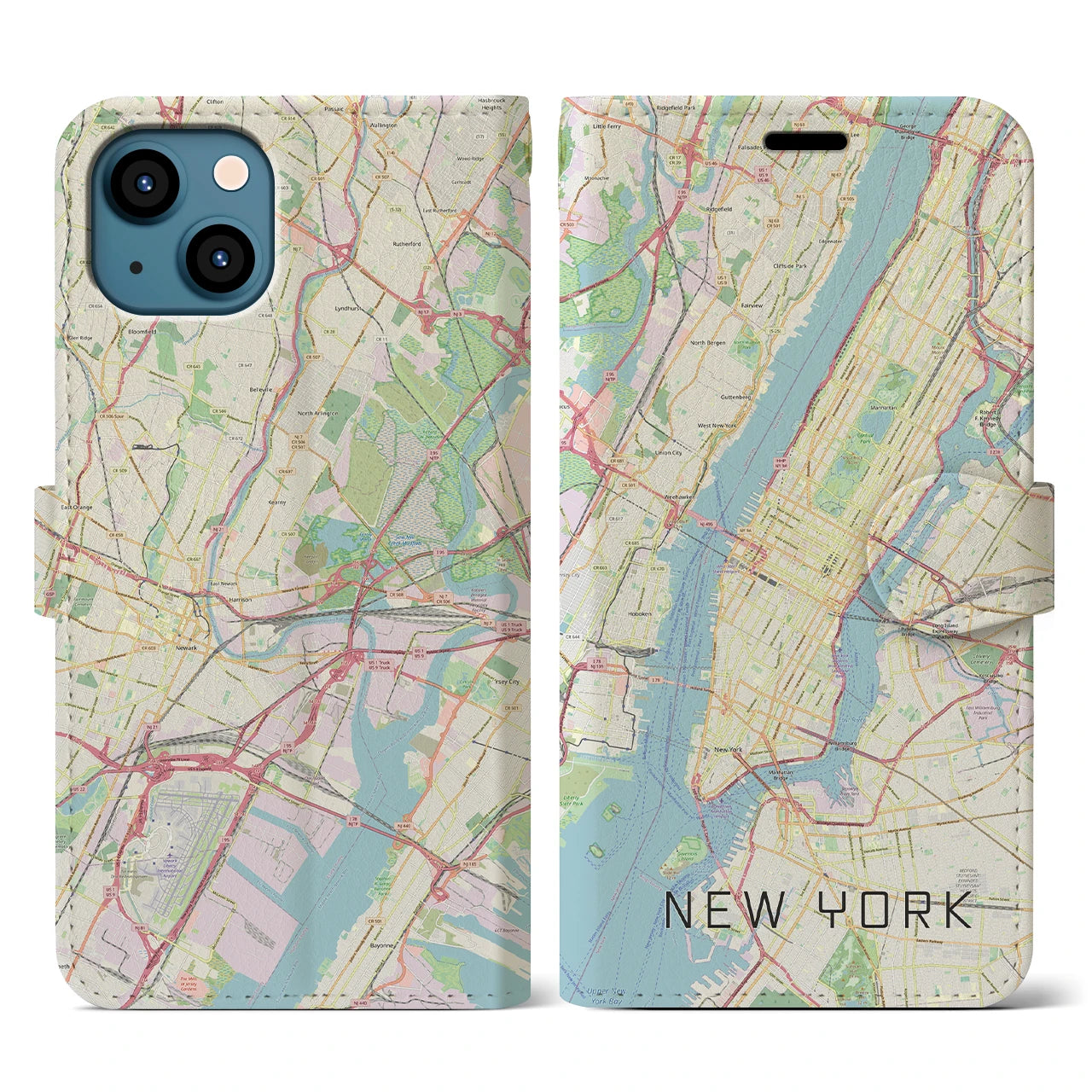 【ニューヨーク】地図柄iPhoneケース（手帳両面タイプ・ナチュラル）iPhone 13 用