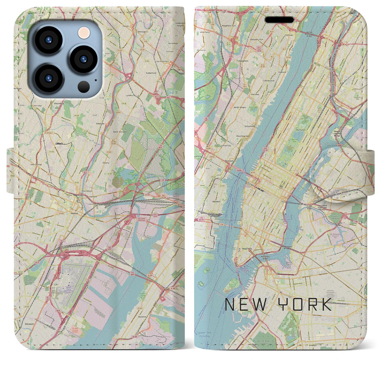 【ニューヨーク】地図柄iPhoneケース（手帳両面タイプ・ナチュラル）iPhone 13 Pro Max 用