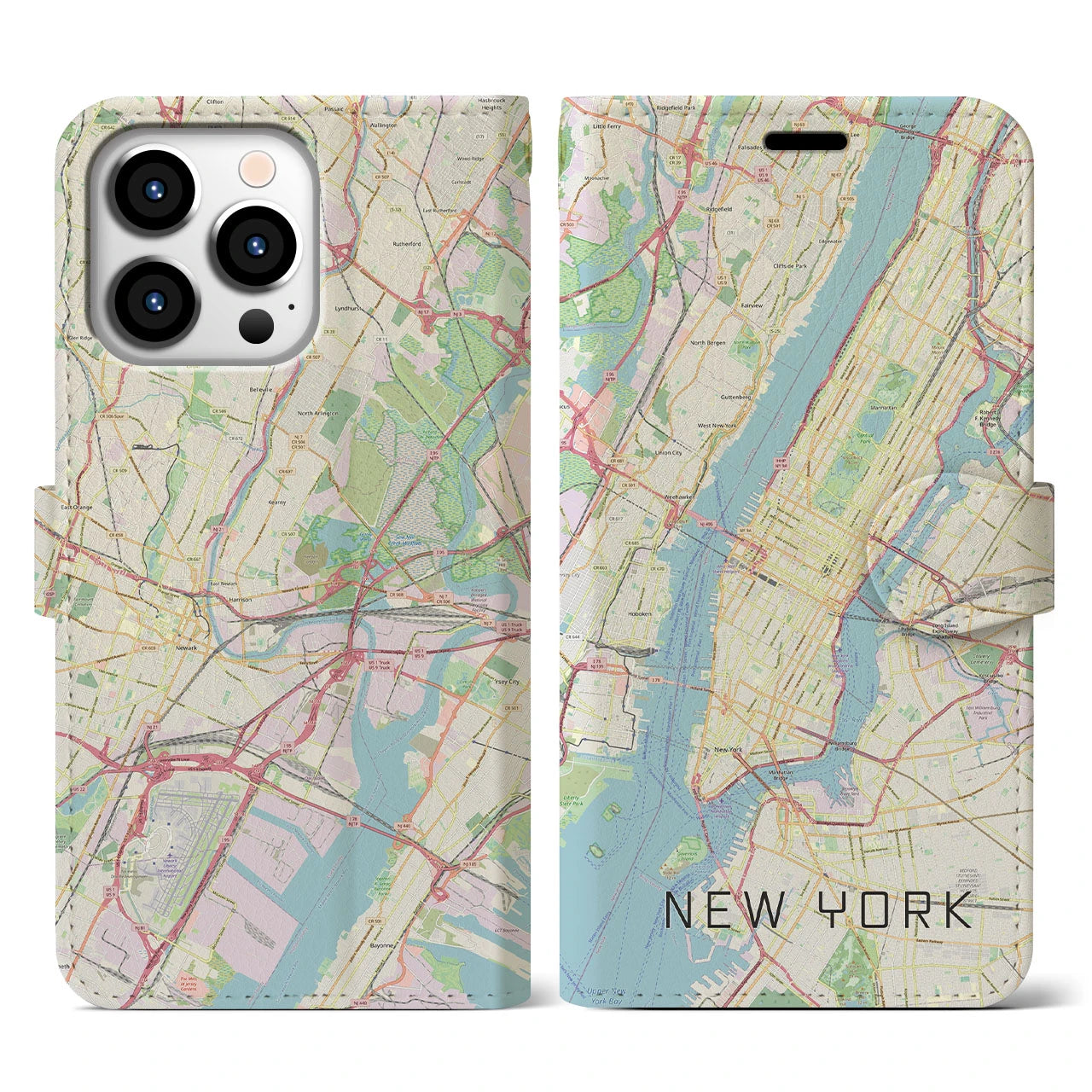 【ニューヨーク】地図柄iPhoneケース（手帳両面タイプ・ナチュラル）iPhone 13 Pro 用
