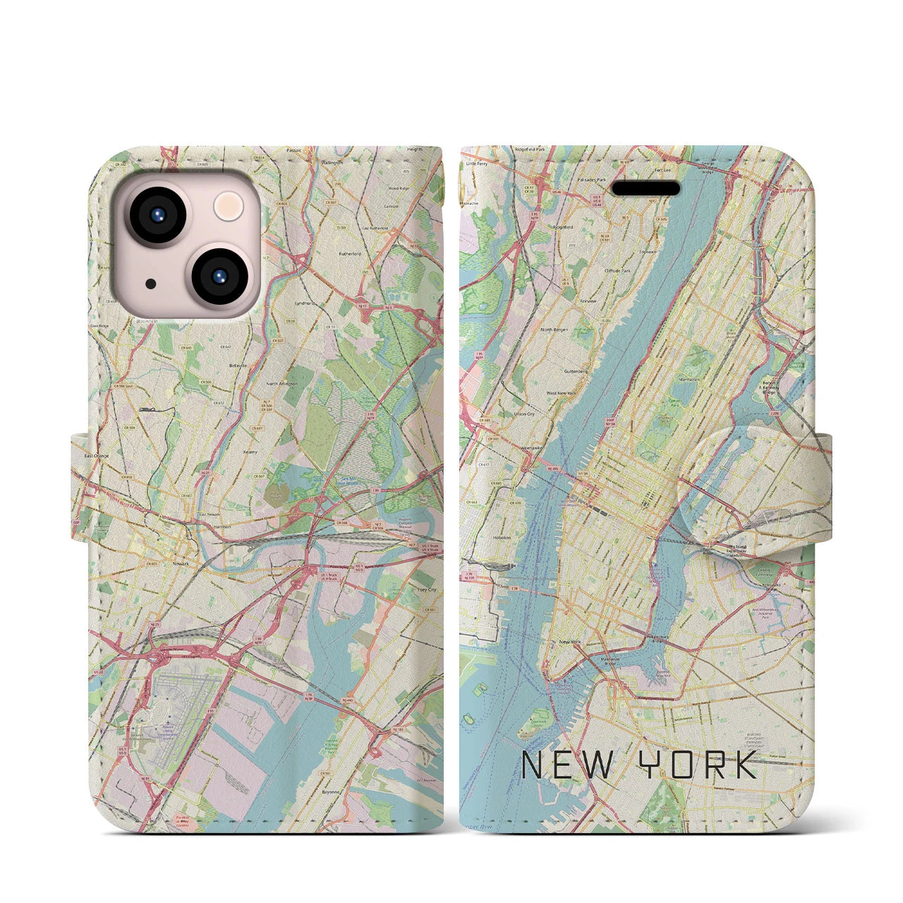 【ニューヨーク】地図柄iPhoneケース（手帳両面タイプ・ナチュラル）iPhone 13 mini 用