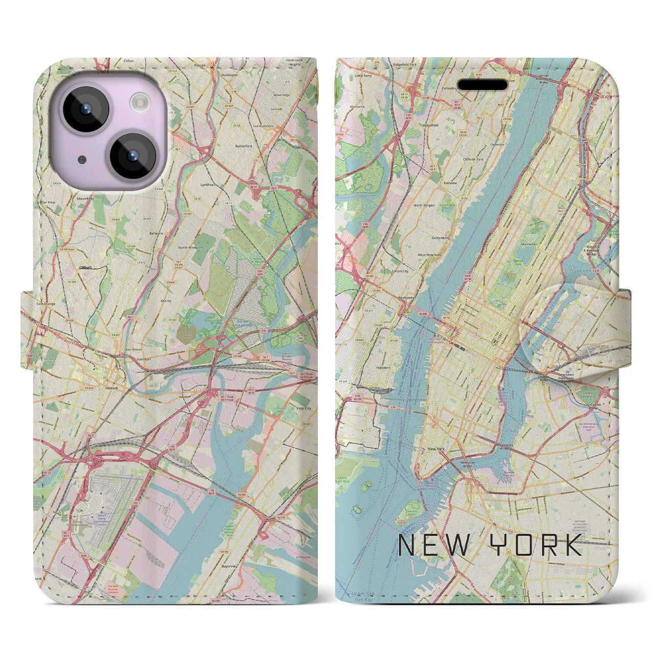 【ニューヨーク】地図柄iPhoneケース（手帳両面タイプ・ナチュラル）iPhone 14 用