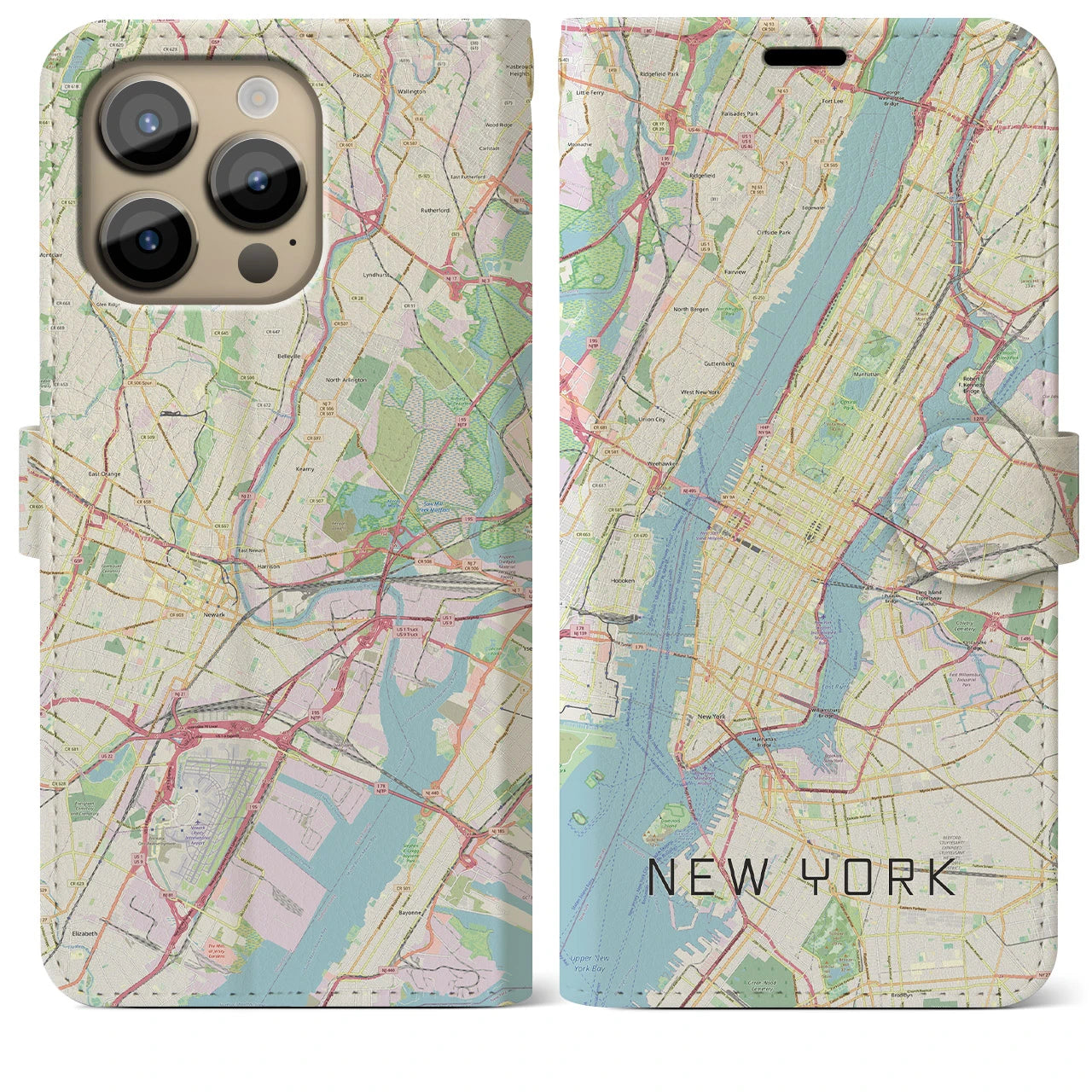 【ニューヨーク】地図柄iPhoneケース（手帳両面タイプ・ナチュラル）iPhone 14 Pro Max 用