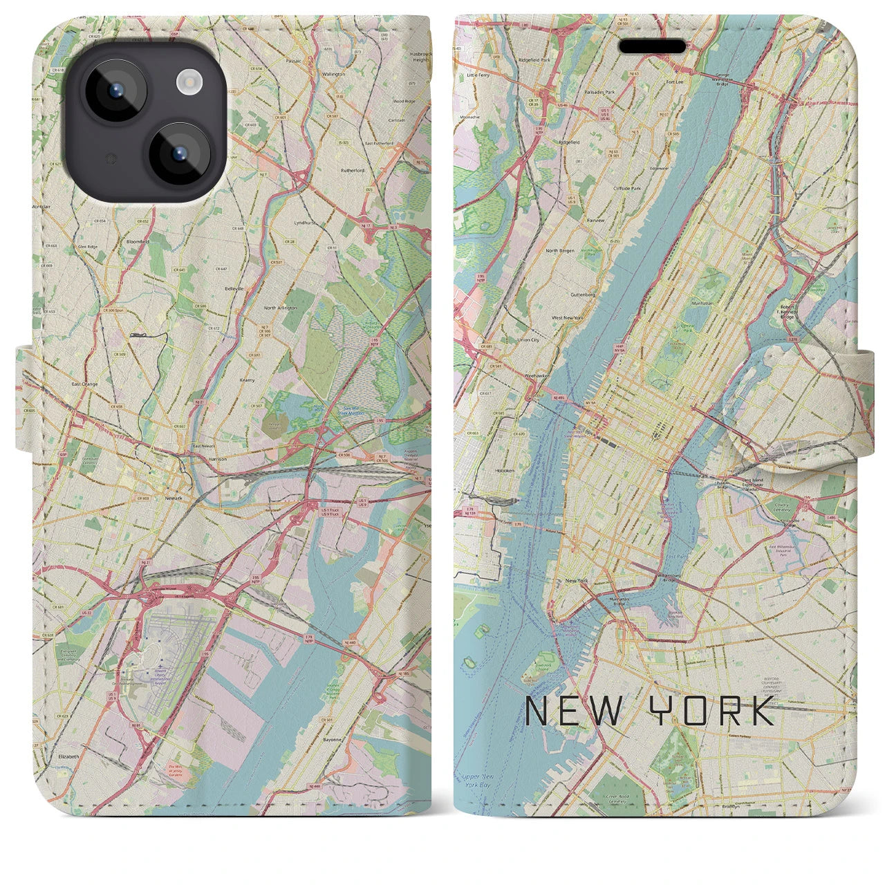 【ニューヨーク】地図柄iPhoneケース（手帳両面タイプ・ナチュラル）iPhone 14 Plus 用
