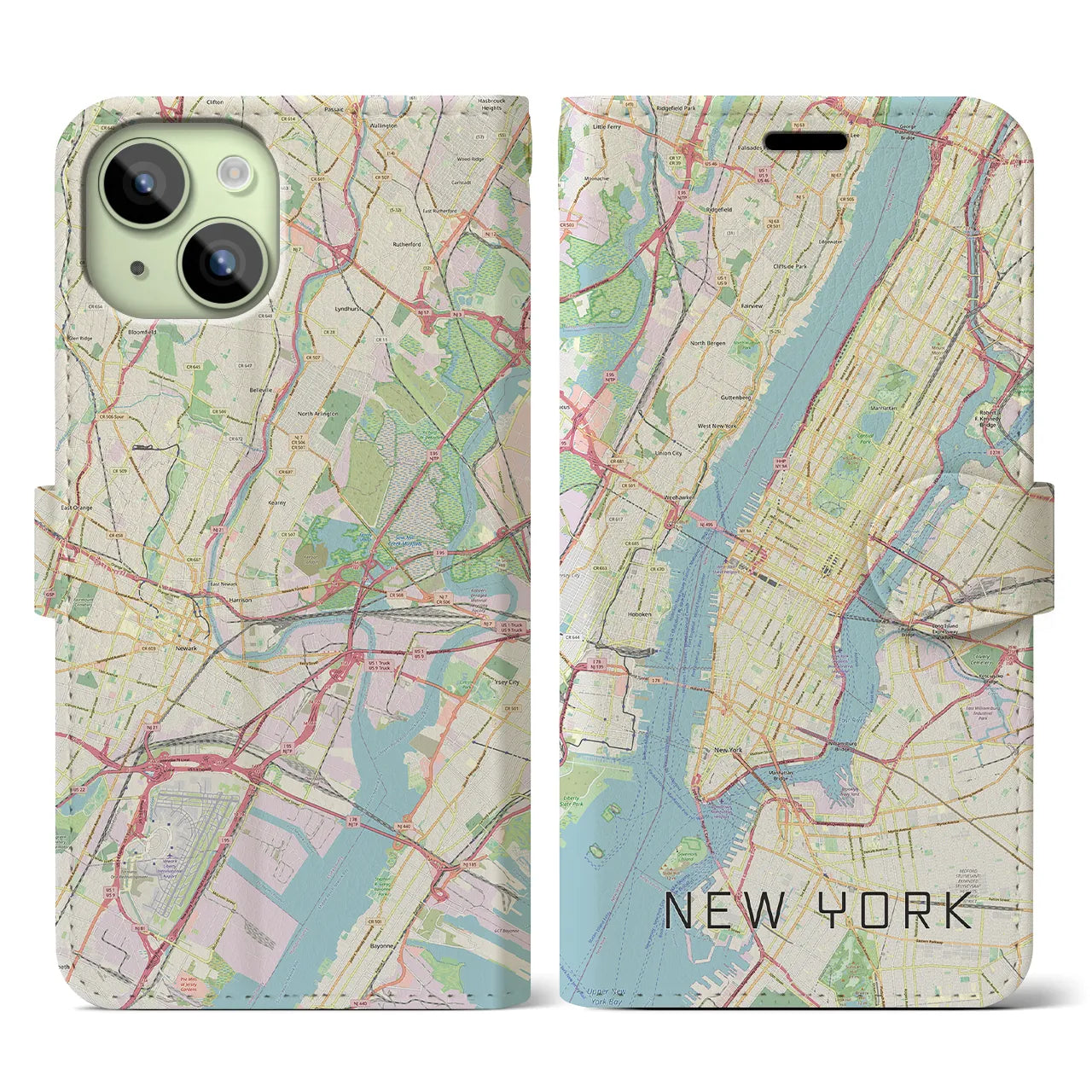 【ニューヨーク】地図柄iPhoneケース（手帳両面タイプ・ナチュラル）iPhone 15 用