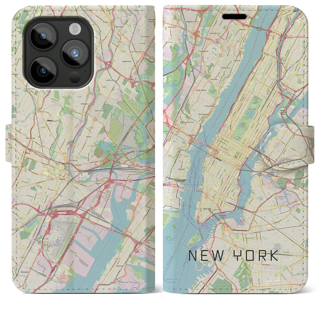 【ニューヨーク】地図柄iPhoneケース（手帳両面タイプ・ナチュラル）iPhone 15 Pro Max 用