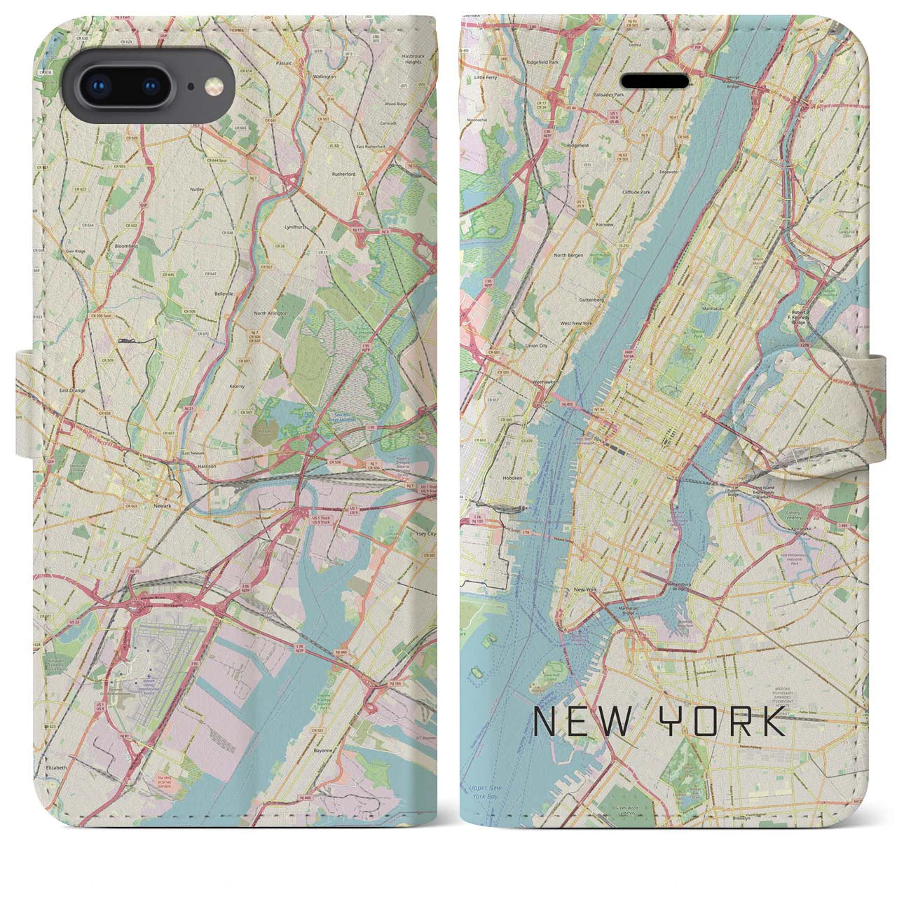 【ニューヨーク】地図柄iPhoneケース（手帳両面タイプ・ナチュラル）iPhone 8Plus /7Plus / 6sPlus / 6Plus 用