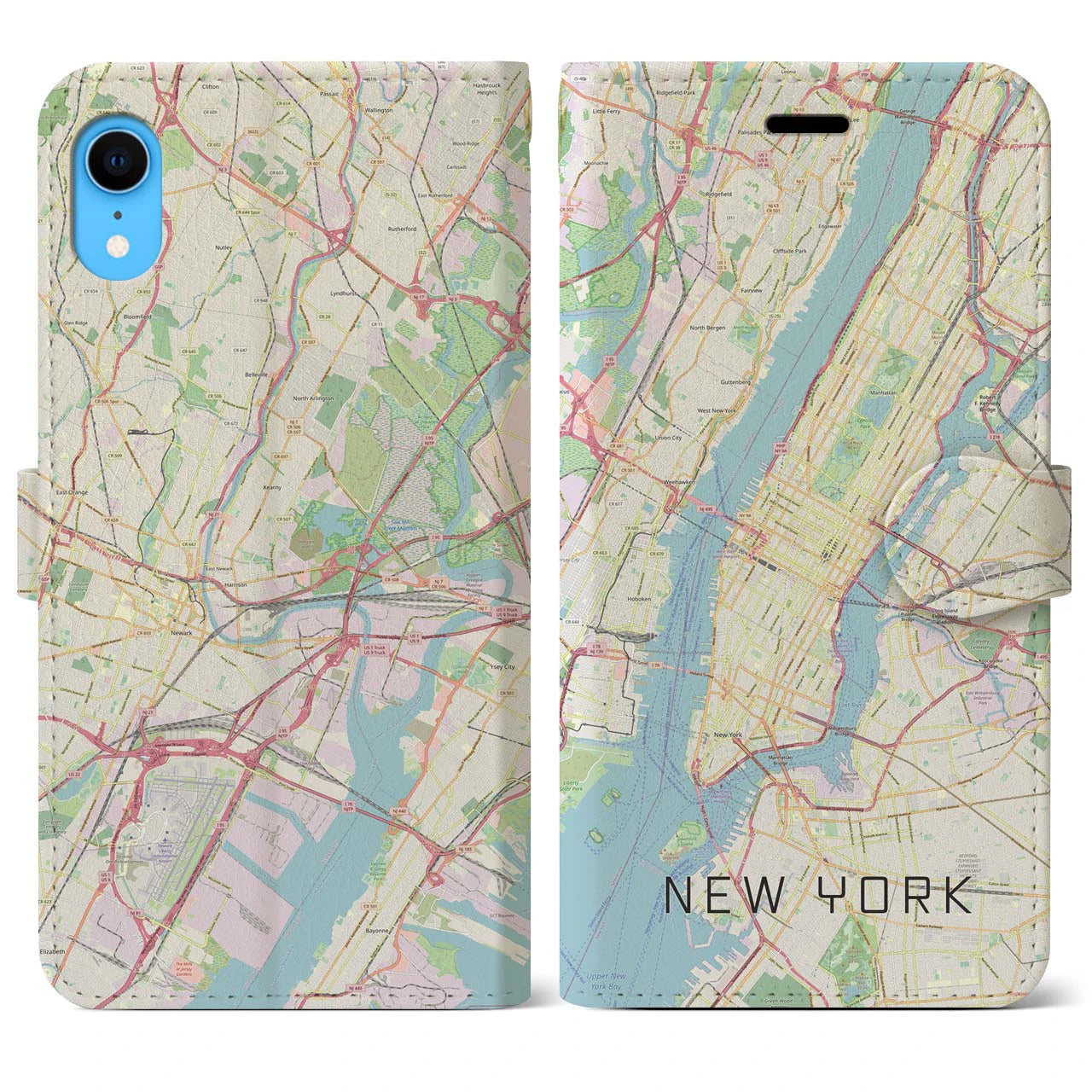 【ニューヨーク】地図柄iPhoneケース（手帳両面タイプ・ナチュラル）iPhone XR 用