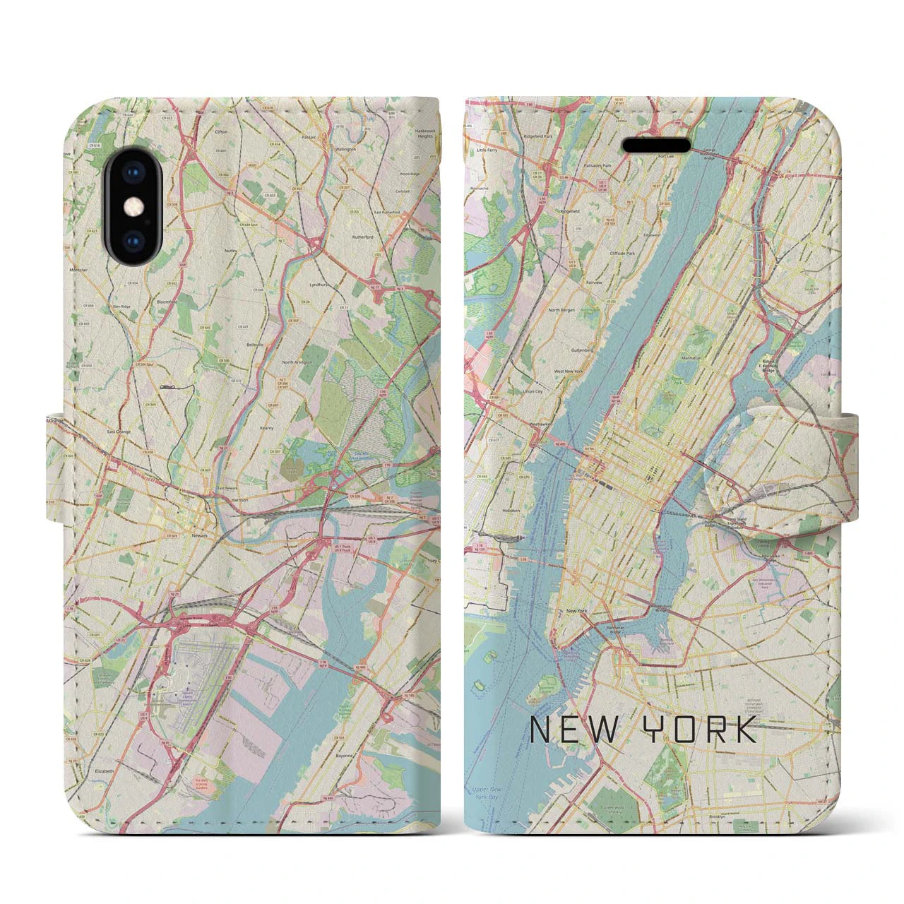 【ニューヨーク】地図柄iPhoneケース（手帳両面タイプ・ナチュラル）iPhone XS / X 用
