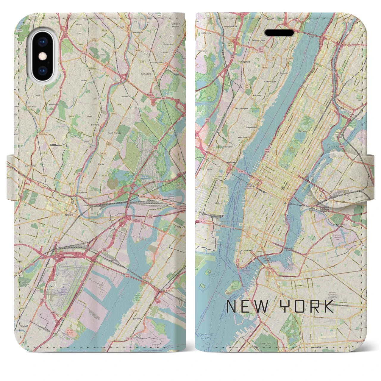 【ニューヨーク】地図柄iPhoneケース（手帳両面タイプ・ナチュラル）iPhone XS Max 用