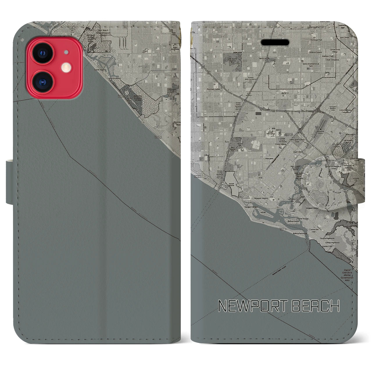 【ニューポートビーチ】地図柄iPhoneケース（手帳両面タイプ・モノトーン）iPhone 11 用