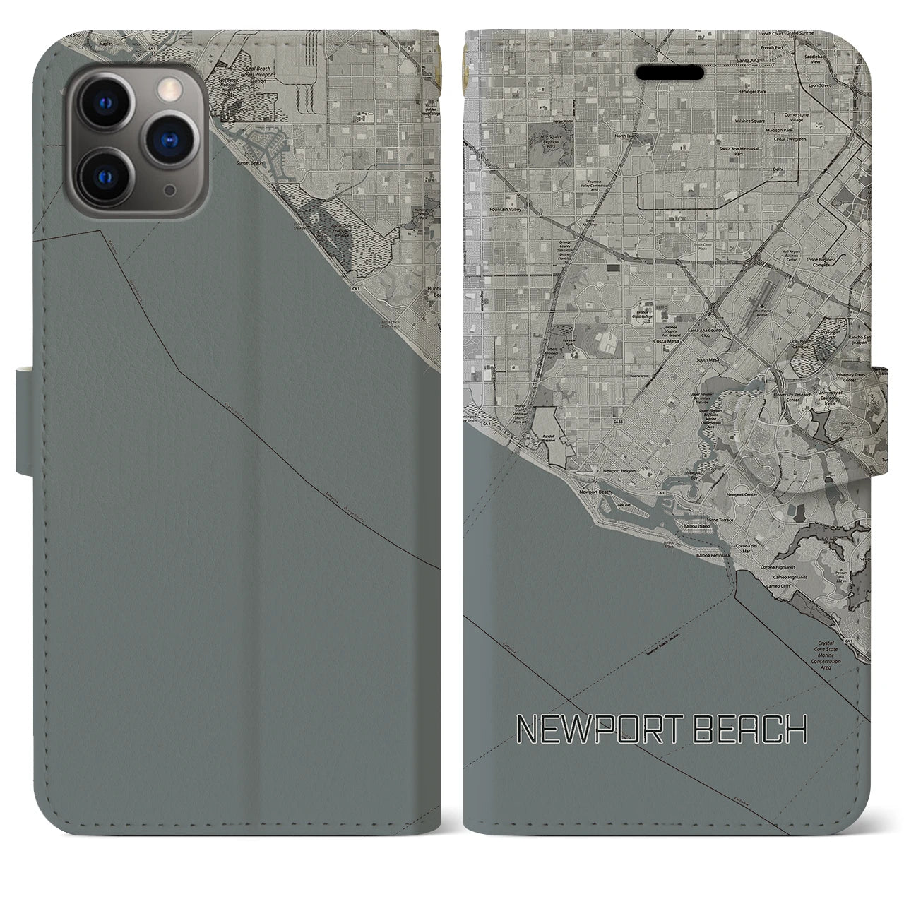 【ニューポートビーチ】地図柄iPhoneケース（手帳両面タイプ・モノトーン）iPhone 11 Pro Max 用