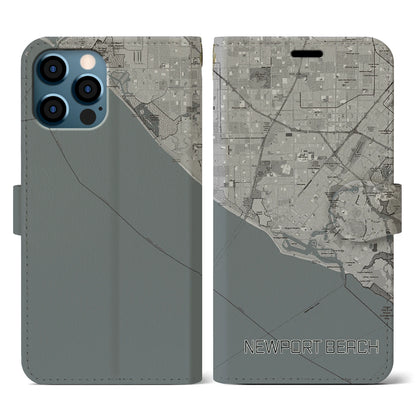 【ニューポートビーチ（アメリカ）】地図柄iPhoneケース（手帳タイプ）モノトーン・iPhone 12 / 12 Pro 用