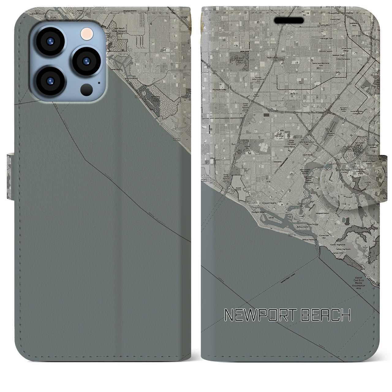 【ニューポートビーチ】地図柄iPhoneケース（手帳両面タイプ・モノトーン）iPhone 13 Pro Max 用