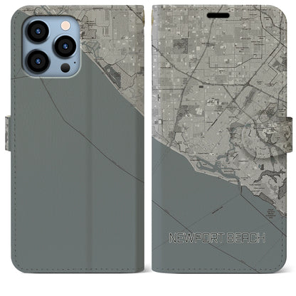 【ニューポートビーチ（アメリカ）】地図柄iPhoneケース（手帳タイプ）モノトーン・iPhone 13 Pro Max 用