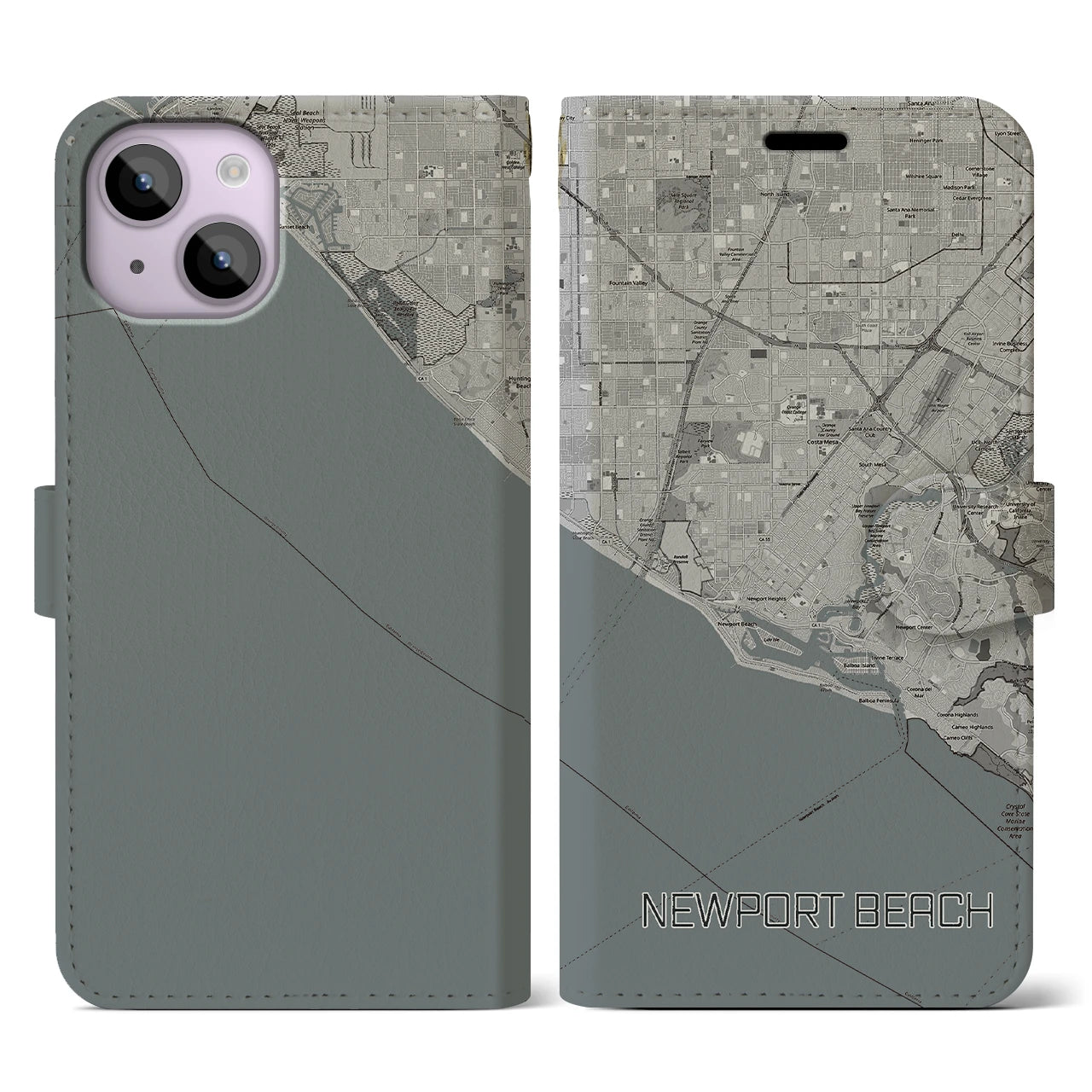 【ニューポートビーチ】地図柄iPhoneケース（手帳両面タイプ・モノトーン）iPhone 14 用