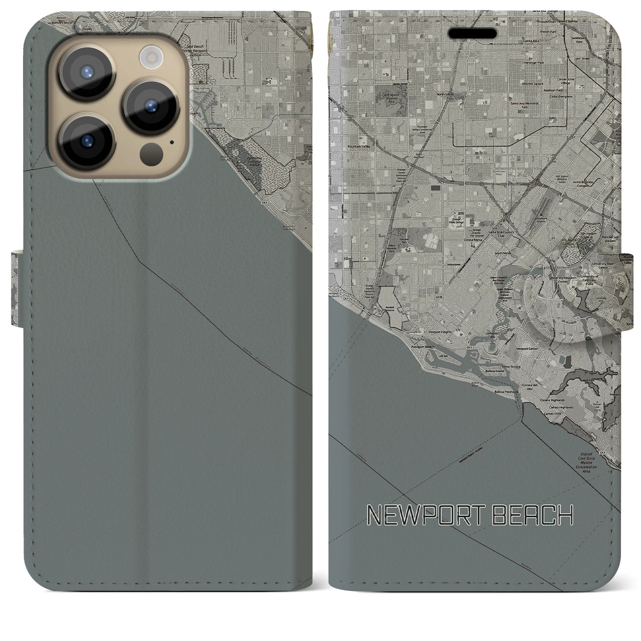 【ニューポートビーチ】地図柄iPhoneケース（手帳両面タイプ・モノトーン）iPhone 14 Pro Max 用