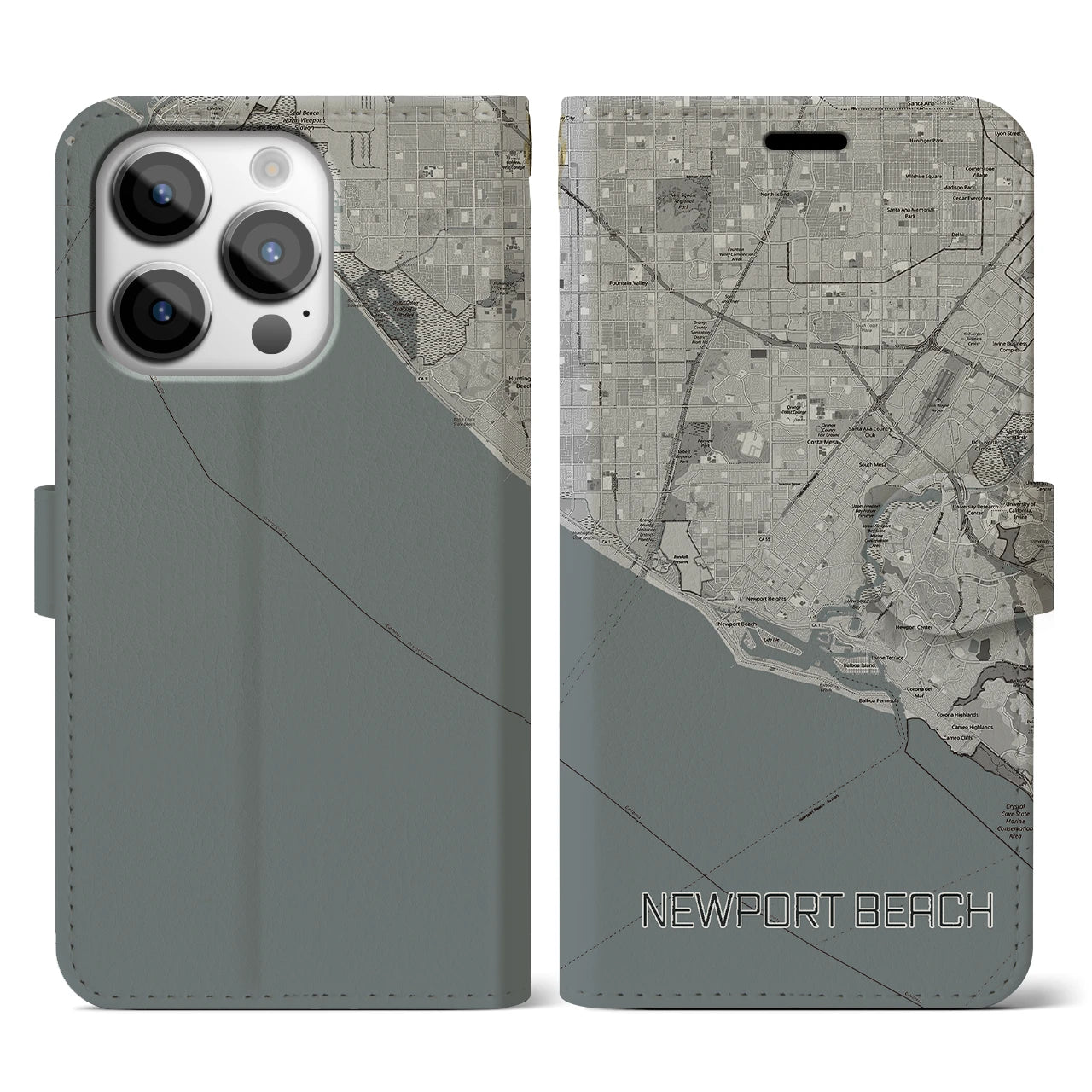 【ニューポートビーチ】地図柄iPhoneケース（手帳両面タイプ・モノトーン）iPhone 14 Pro 用