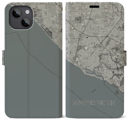 【ニューポートビーチ（アメリカ）】地図柄iPhoneケース（手帳タイプ）モノトーン・iPhone 14 Plus 用