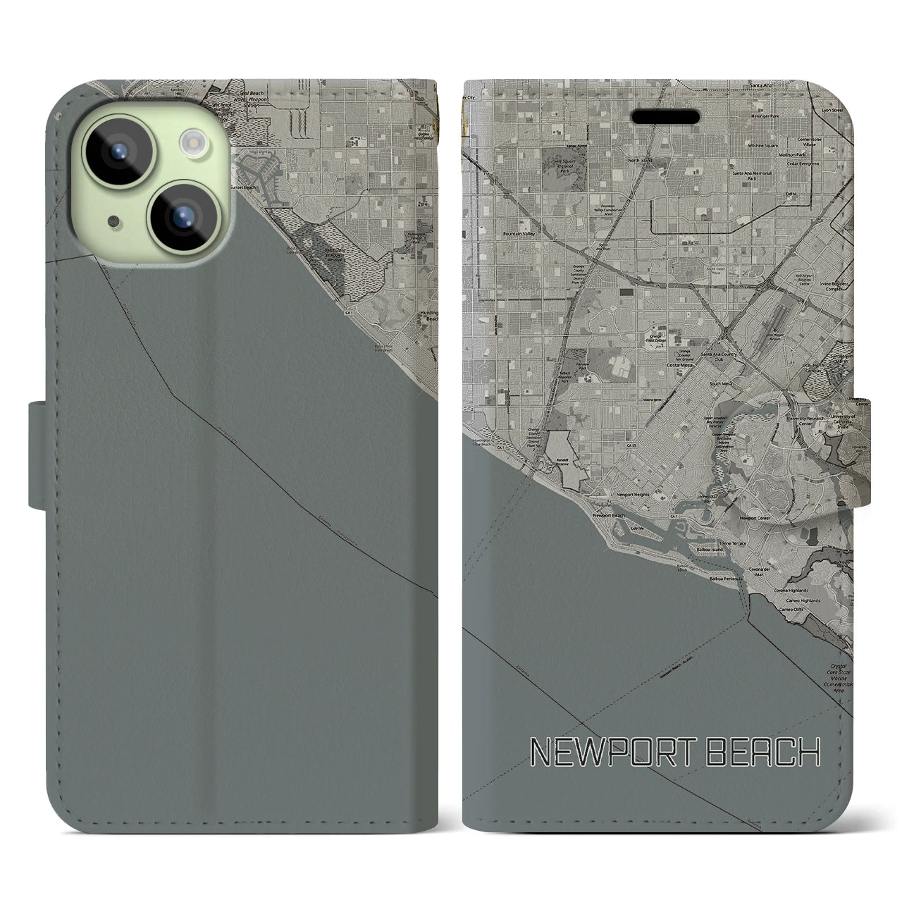 【ニューポートビーチ】地図柄iPhoneケース（手帳両面タイプ・モノトーン）iPhone 15 用