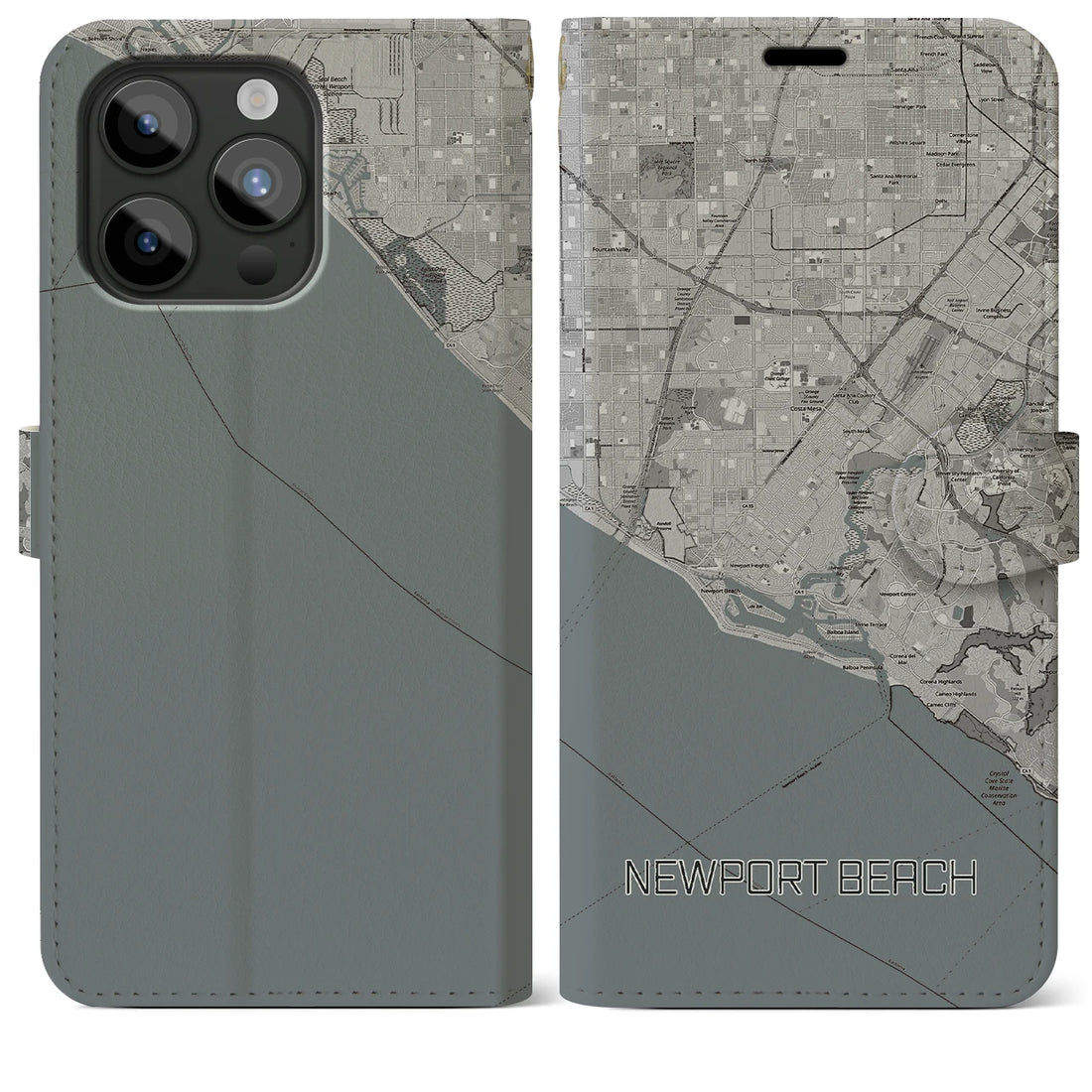 【ニューポートビーチ】地図柄iPhoneケース（手帳両面タイプ・モノトーン）iPhone 15 Pro Max 用