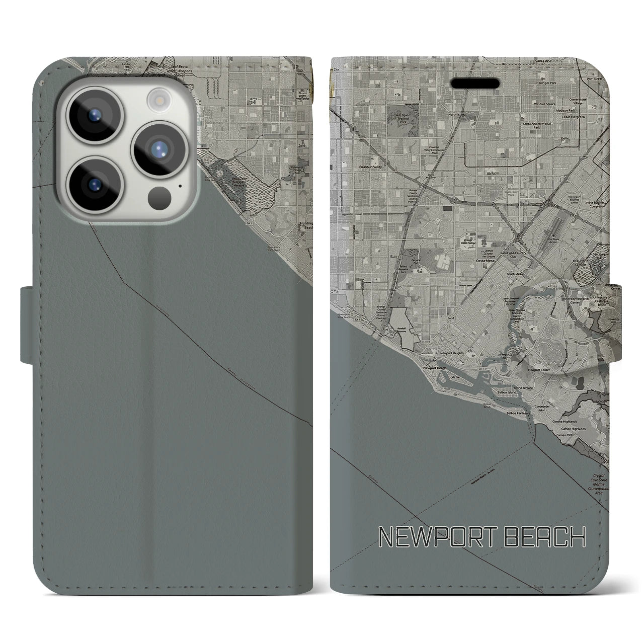【ニューポートビーチ】地図柄iPhoneケース（手帳両面タイプ・モノトーン）iPhone 15 Pro 用