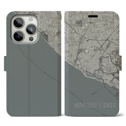 【ニューポートビーチ（アメリカ）】地図柄iPhoneケース（手帳タイプ）モノトーン・iPhone 15 Pro 用