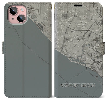 【ニューポートビーチ（アメリカ）】地図柄iPhoneケース（手帳タイプ）モノトーン・iPhone 15 Plus 用