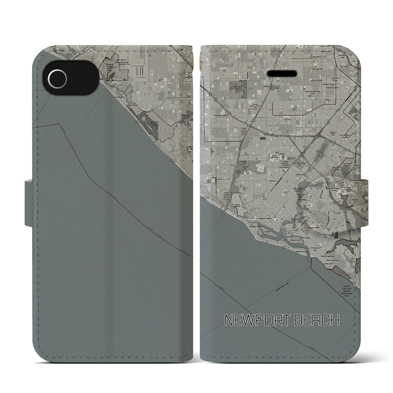 【ニューポートビーチ】地図柄iPhoneケース（手帳両面タイプ・モノトーン）iPhone SE（第3 / 第2世代） / 8 / 7 / 6s / 6 用