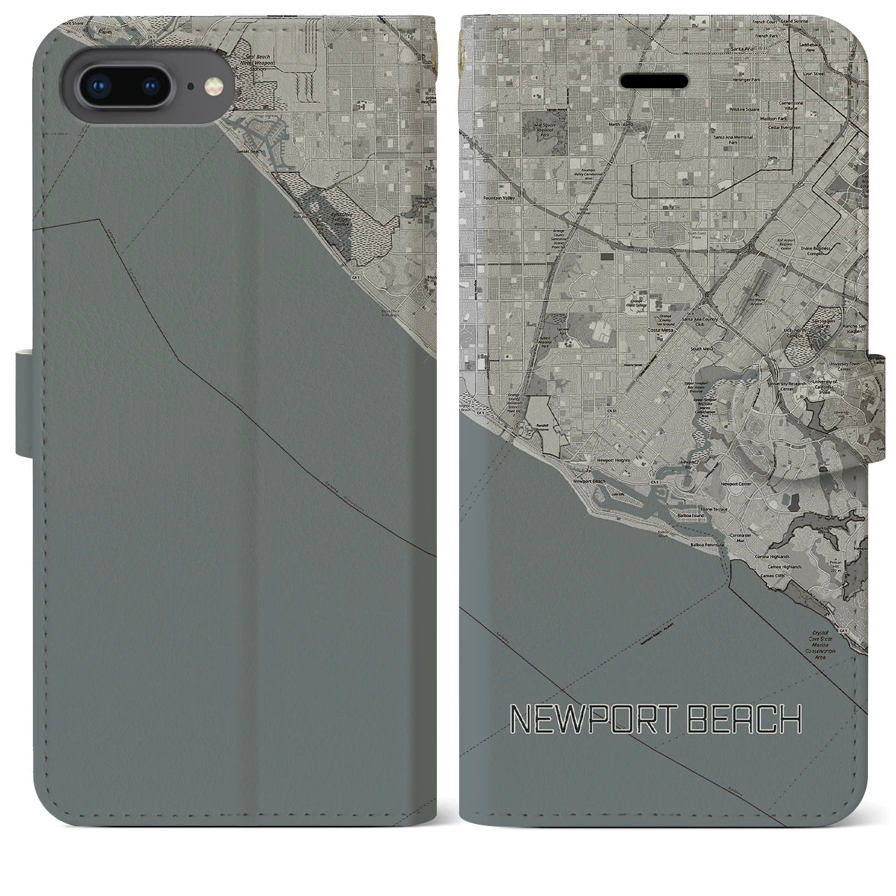 【ニューポートビーチ】地図柄iPhoneケース（手帳両面タイプ・モノトーン）iPhone 8Plus /7Plus / 6sPlus / 6Plus 用
