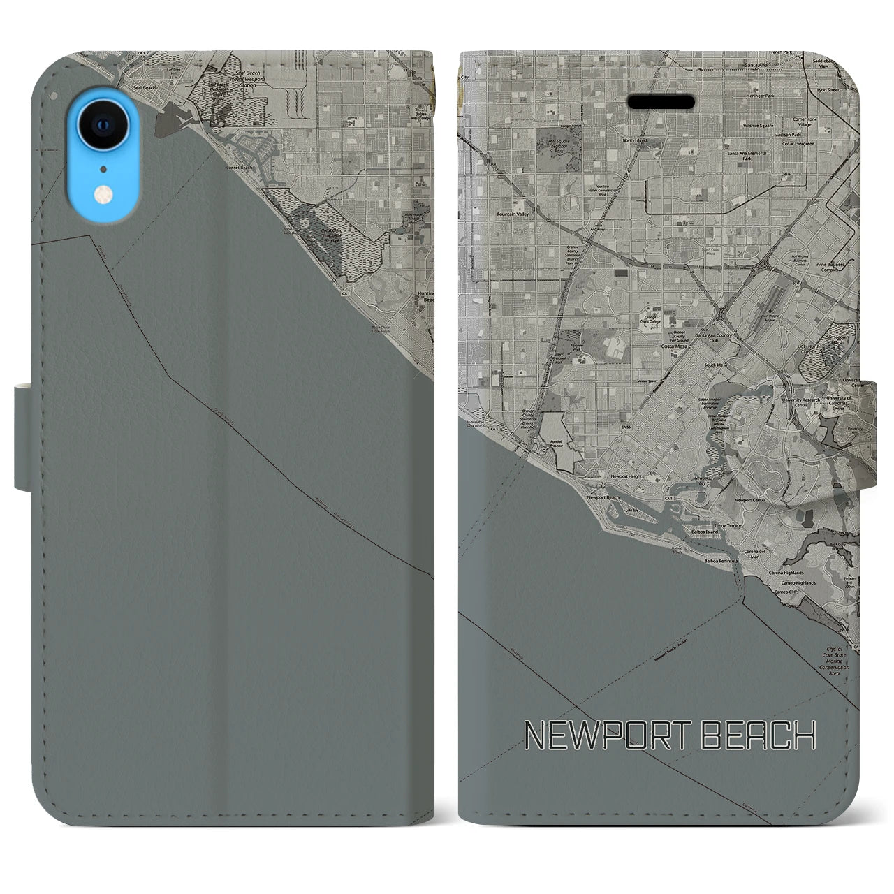 【ニューポートビーチ】地図柄iPhoneケース（手帳両面タイプ・モノトーン）iPhone XR 用