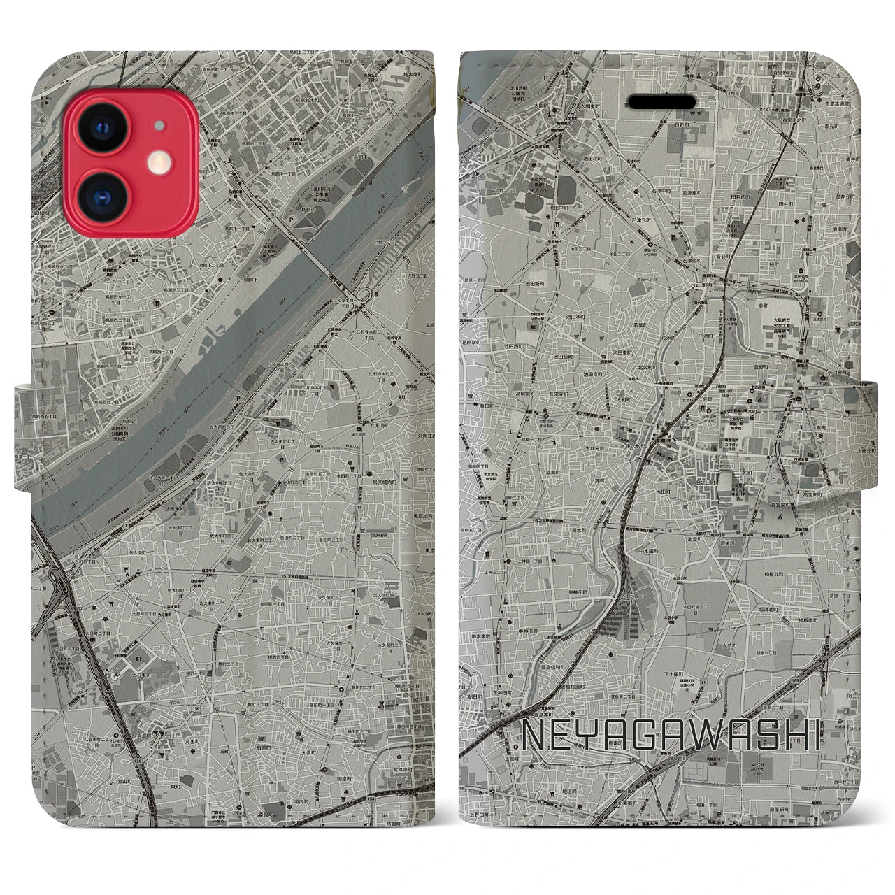 【寝屋川市】地図柄iPhoneケース（手帳両面タイプ・モノトーン）iPhone 11 用