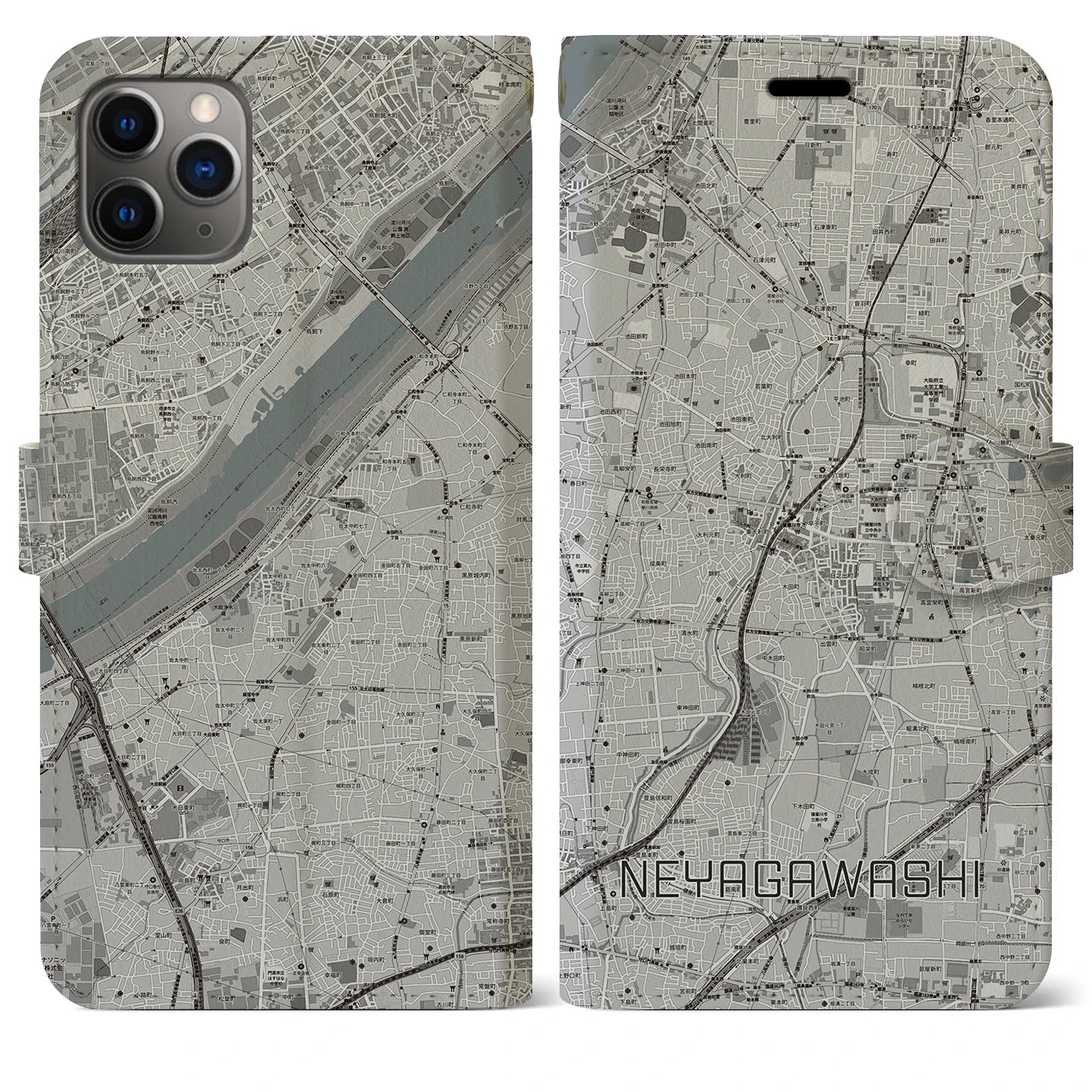 【寝屋川市】地図柄iPhoneケース（手帳両面タイプ・モノトーン）iPhone 11 Pro Max 用