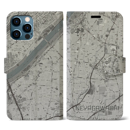 【寝屋川市（大阪府）】地図柄iPhoneケース（手帳タイプ）モノトーン・iPhone 12 / 12 Pro 用