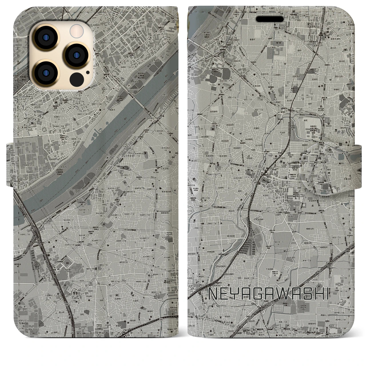 【寝屋川市】地図柄iPhoneケース（手帳両面タイプ・モノトーン）iPhone 12 Pro Max 用
