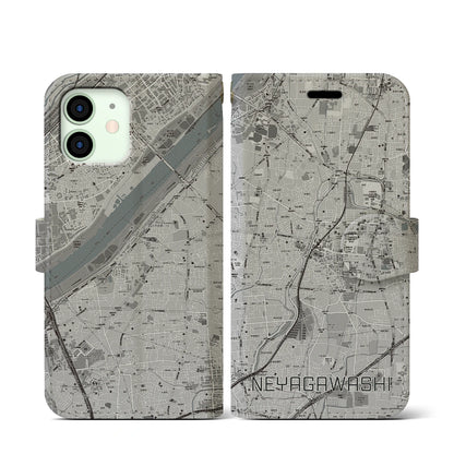 【寝屋川市（大阪府）】地図柄iPhoneケース（手帳タイプ）モノトーン・iPhone 12 mini 用