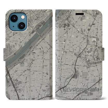 【寝屋川市（大阪府）】地図柄iPhoneケース（手帳タイプ）モノトーン・iPhone 13 用