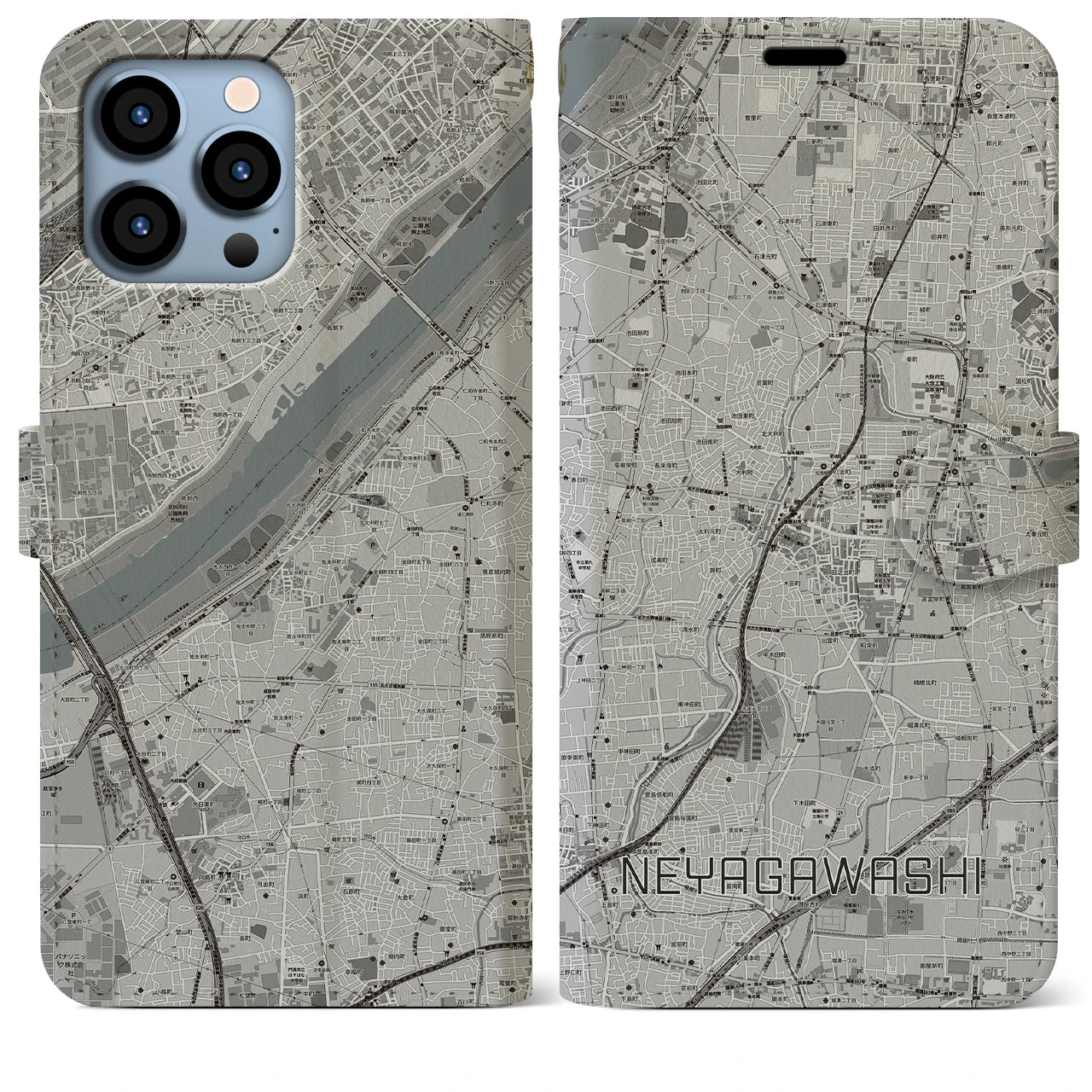【寝屋川市】地図柄iPhoneケース（手帳両面タイプ・モノトーン）iPhone 13 Pro Max 用