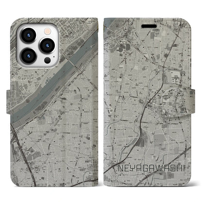 【寝屋川市（大阪府）】地図柄iPhoneケース（手帳タイプ）モノトーン・iPhone 13 Pro 用