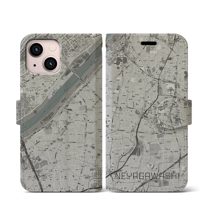 【寝屋川市（大阪府）】地図柄iPhoneケース（手帳タイプ）モノトーン・iPhone 13 mini 用