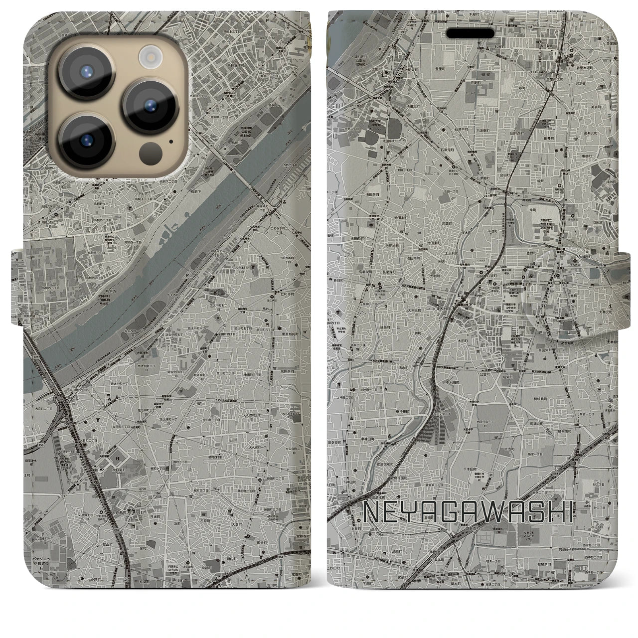 【寝屋川市】地図柄iPhoneケース（手帳両面タイプ・モノトーン）iPhone 14 Pro Max 用