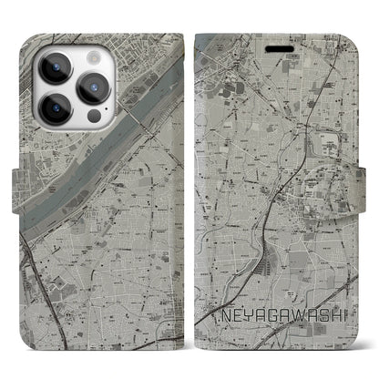 【寝屋川市（大阪府）】地図柄iPhoneケース（手帳タイプ）モノトーン・iPhone 14 Pro 用