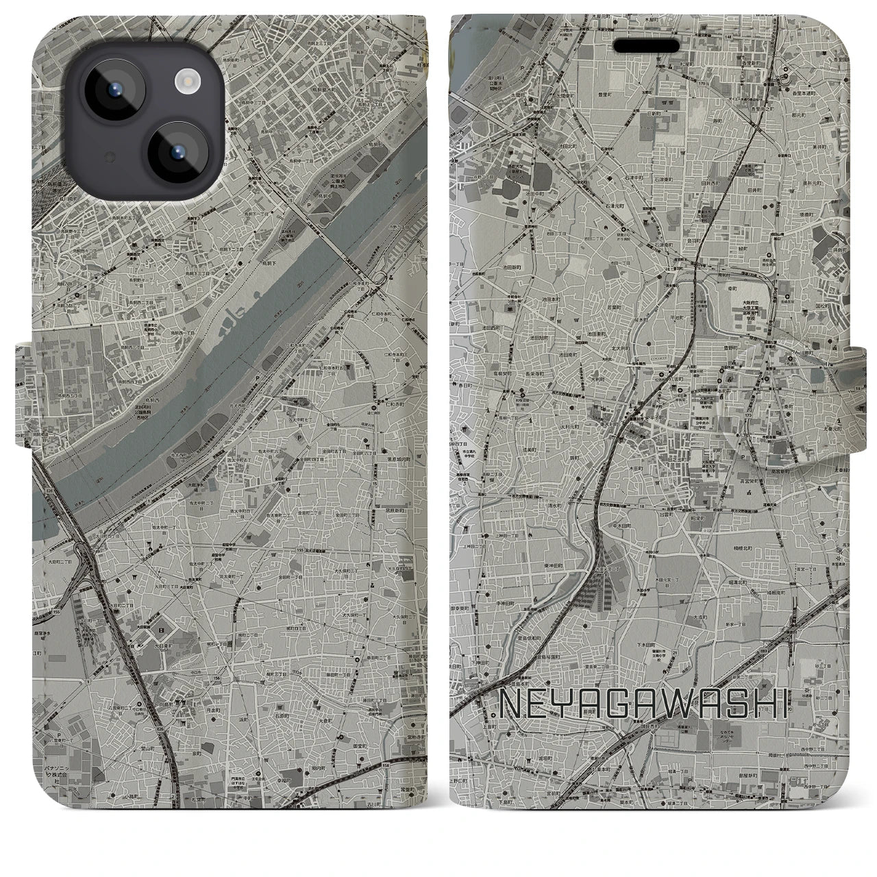 【寝屋川市】地図柄iPhoneケース（手帳両面タイプ・モノトーン）iPhone 14 Plus 用