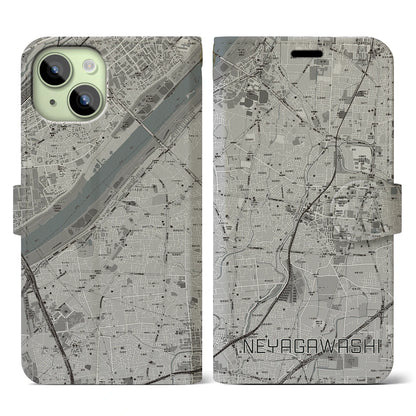 【寝屋川市（大阪府）】地図柄iPhoneケース（手帳タイプ）モノトーン・iPhone 15 用
