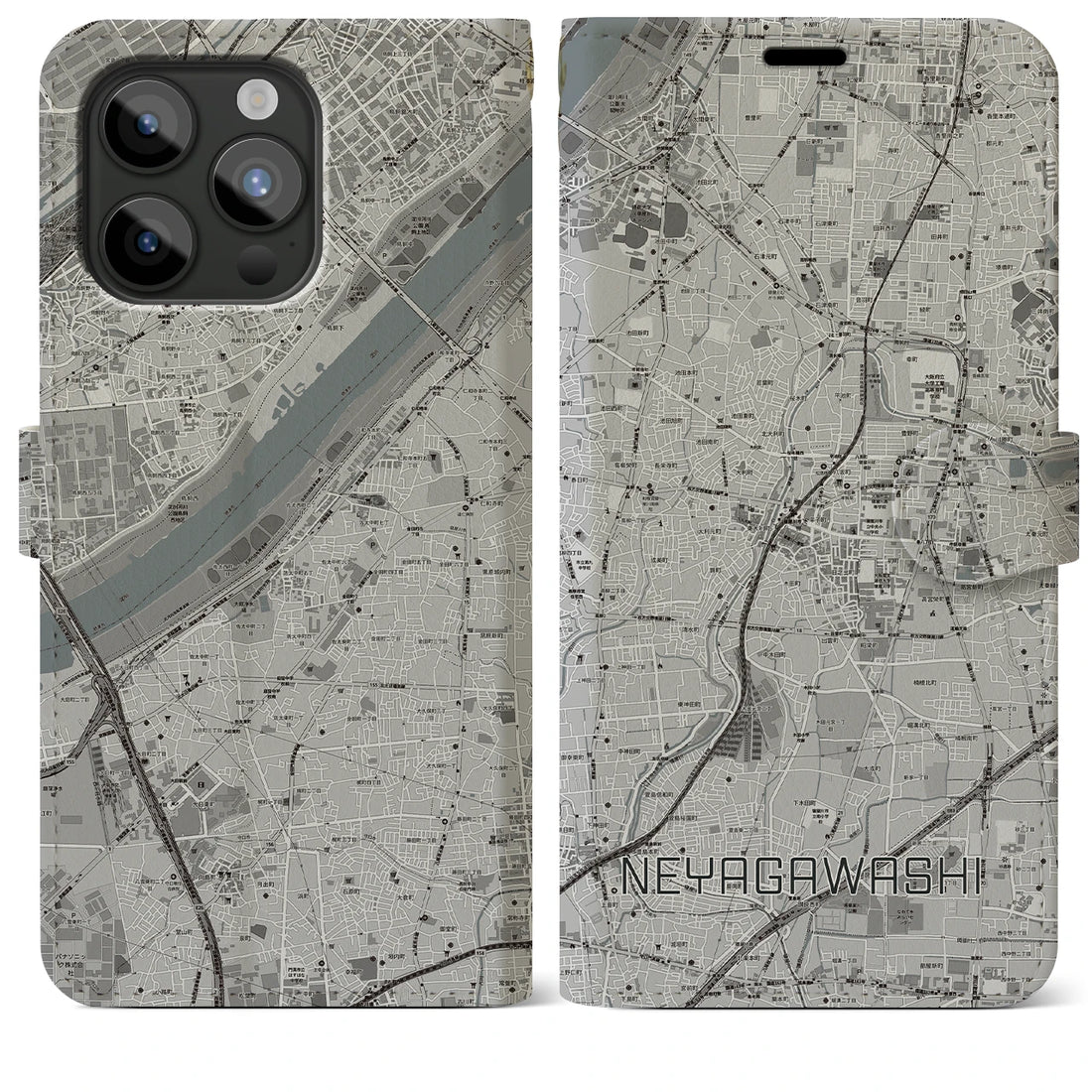 【寝屋川市】地図柄iPhoneケース（手帳両面タイプ・モノトーン）iPhone 15 Pro Max 用
